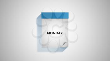 Blue weekly calendar on a white wall, showing Monday. Digital illustration.