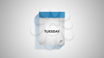 Blue weekly calendar on a white wall, showing Tuesday. Digital illustration.