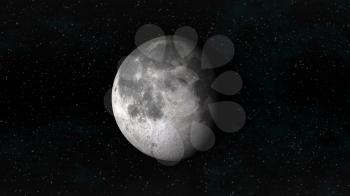 The Moon in waning gibbous phase on a background of stars. Digital illustration. Moon texture is public domain provided by NASA.