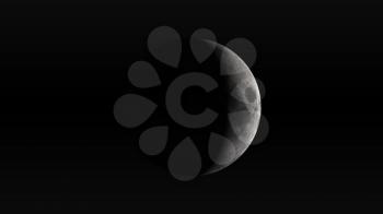 The Moon in waxing crescent phase on a black background. Digital illustration. Moon texture is public domain provided by NASA.