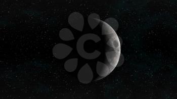 The Moon in waxing crescent phase on a background of stars. Digital illustration. Moon texture is public domain provided by NASA.