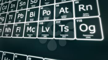 Closeup of the Periodic table of the Elements focused on the latest elements. Modern version of the Periodic table.