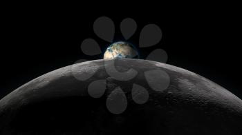 Planet Earth rising over the Moon horizon, partially visible on a black background. Digital 3D illustration. Elements of this illustration are furnished by NASA.
