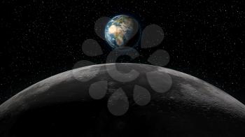 Planet Earth rising over the Moon horizon, in full view. Digital 3D illustration. Elements of this illustration are furnished by NASA.