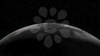 Close up of the Moon. Partially lit horizon surrounded by stars. Digital 3d illustration. Elements of this illustration are furnished by NASA.