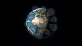 Realistic Earth centered on the African and European continent, on a black background. Digital illustration. Earth texture is public domain provided by NASA.