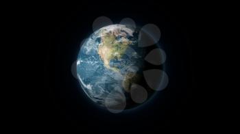 Realistic Earth centered on the North American continent, on a black background. Digital illustration. Earth texture is public domain provided by NASA.