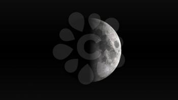The Moon in first quarter phase on a black background. Digital illustration. Moon texture is public domain provided by NASA.