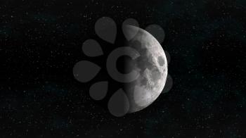 The Moon in first quarter phase on background of stars. Digital illustration. Moon texture is public domain provided by NASA.