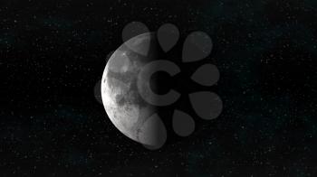 The Moon in last quarter phase on a background of stars. Digital illustration. Moon texture is public domain provided by NASA.