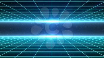 Horizontal matrix grid tunnel in space with stars in the background. Cyan version.