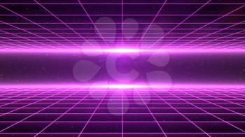 Horizontal matrix grid tunnel in space with stars in the background. Magenta version.