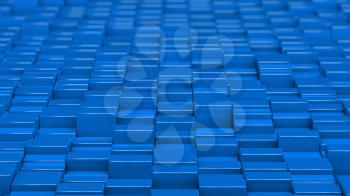 Grid of blue cubes in a randomized pattern. Wide shot. 3D computer generated background image.