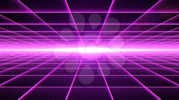 Horizontal magenta grid tunnel with light at the end.