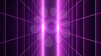Vertical matrix grid tunnel in space with stars in the background. Magenta version.