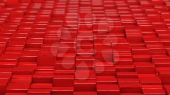 Grid of red cubes in a randomized pattern. Wide shot. 3D computer generated background image.