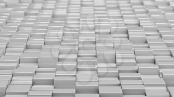 Grid of white cubes in a randomized pattern. Wide shot. 3D computer generated background image.