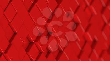 Grid of red cubes in a randomized pattern. Medium shot. 3D computer generated background image.