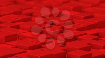 Grid of red cubes in a randomized pattern. Medium shot. 3D computer generated background image.