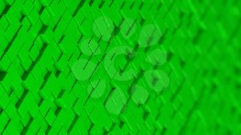 Grid of green cubes in a randomized pattern. Wide shot. 3D computer generated background image.