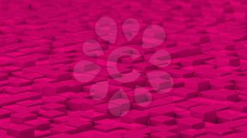 Grid of pink cubes in a randomized pattern. Wide shot. 3D computer generated background image.