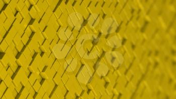 Grid of yellow cubes in a randomized pattern. Wide shot. 3D computer generated background image.