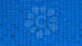 Grid of blue cubes in a randomized pattern. Wide shot. 3D computer generated background image.
