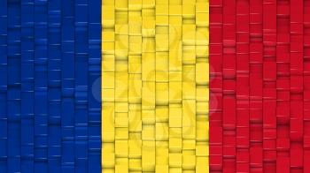 Romanian flag made of cubes in a random pattern. 3D computer generated image.