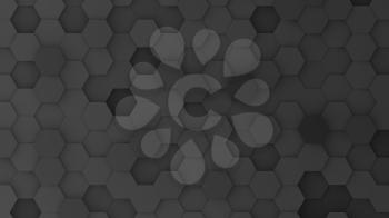 Black hexagonal grid in a random pattern. 3D computer generated image.