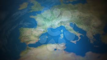Southern Europe on a world map with vignette and radial blur effect. Elements of this image are furnished by NASA.