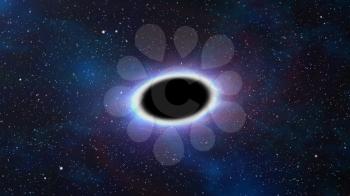 A massive black hole in space with surrounding stars being sucked in by gravitational pull.