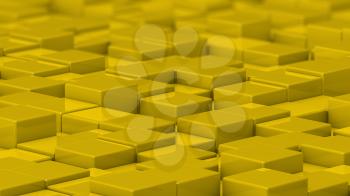 Grid of yellow cubes in a randomized pattern. Medium shot. 3D computer generated background image.