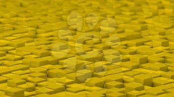 Grid of yellow cubes in a randomized pattern. Wide shot. 3D computer generated background image.