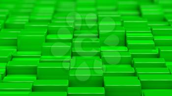 Grid of green cubes in a randomized pattern. Medium shot. 3D computer generated background image.