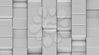 Grid of white cubes in a randomized pattern. Medium shot. 3D computer generated background image.