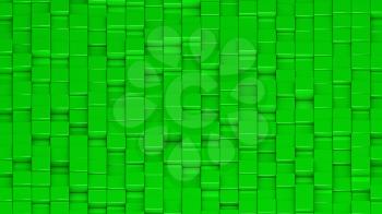 Grid of green cubes in a randomized pattern. Wide shot. 3D computer generated background image.