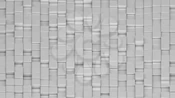 Grid of white cubes in a randomized pattern. Wide shot. 3D computer generated background image.