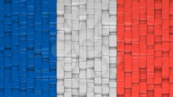 French flag made of cubes in a random pattern. 3D computer generated image.