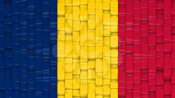 Chadian flag made of cubes in a random pattern. 3D computer generated image.