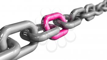 A single pink colored link in a chain. Conceptual image depicting being unique and standing out. LGBT pride concept. 3D rendered illustration.
