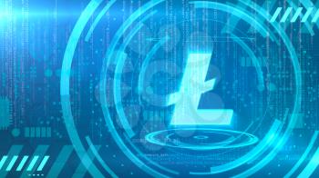 Litecoin symbol on a cyan background with HUD elements related to computer technology.