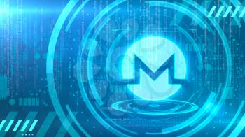 Monero symbol on a cyan background with HUD elements related to computer technology.