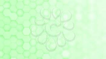 Light green hexagonal grid in a random pattern. 3D computer generated image with gradual blur effect for copyspace.