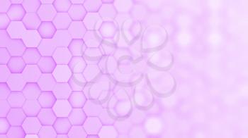 Purple hexagonal grid in a random pattern. 3D computer generated image with gradual blur effect for copyspace.
