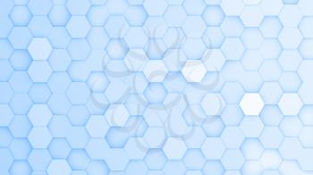 Light blue hexagonal grid in a random pattern. 3D computer generated image.