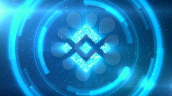 Blue Binance Coin symbol centered on a starscape background with HUD elements.