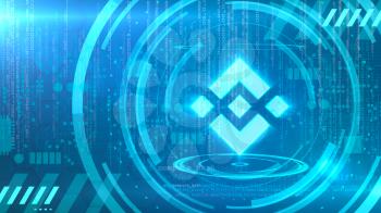 Binance Coin symbol on a cyan background with HUD elements related to computer technology.
