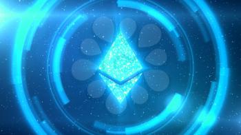 Blue Ethereum symbol centered on a starscape background with HUD elements.