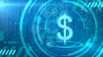 Dollar symbol on a cyan background with HUD elements related to computer technology.