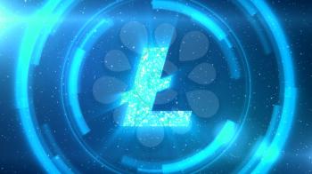 Blue Litecoin symbol centered on a starscape background with HUD elements.